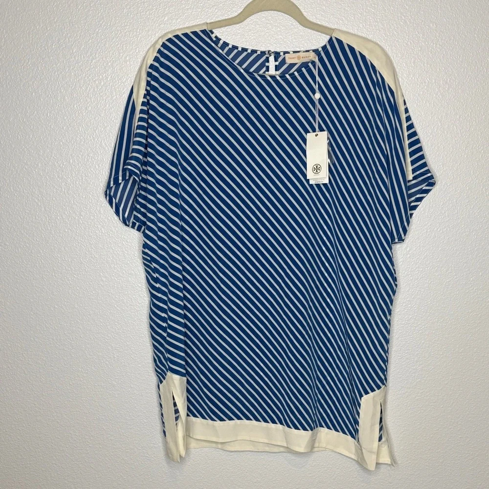NWT Tory Burch Silk Blue White Striped Sheer Short Sleeve Blouse M $295 MSRP - Picture 1 of 5